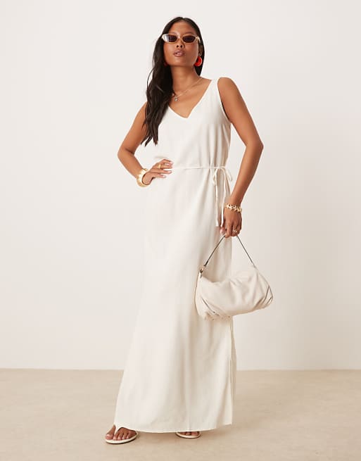 JDY Petite linen mix tie maxi dress in white
