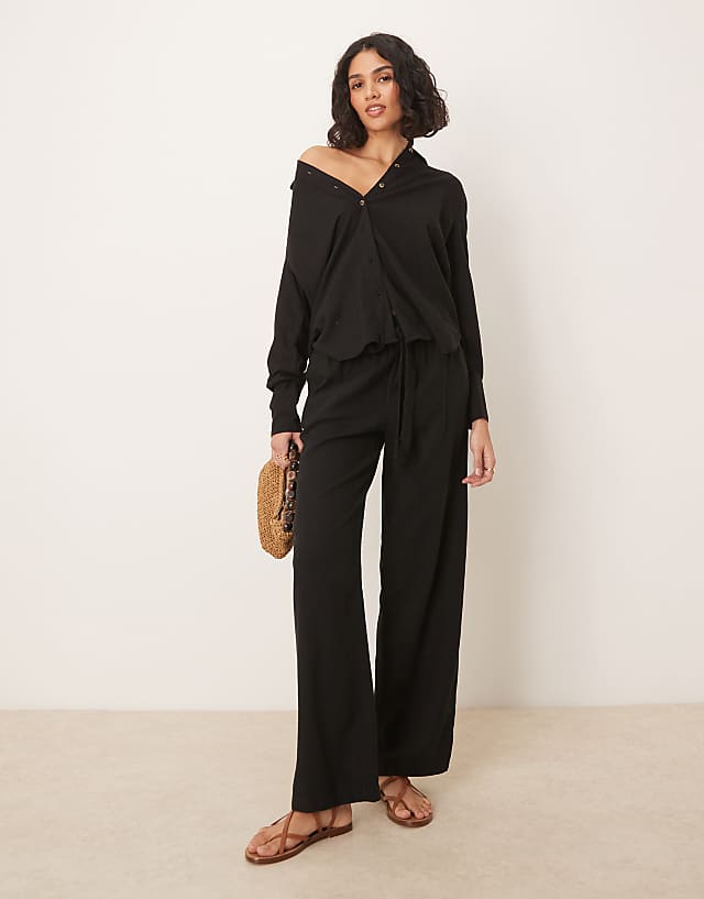 JDY Tie Detail Linen Mix Co-ord In Black