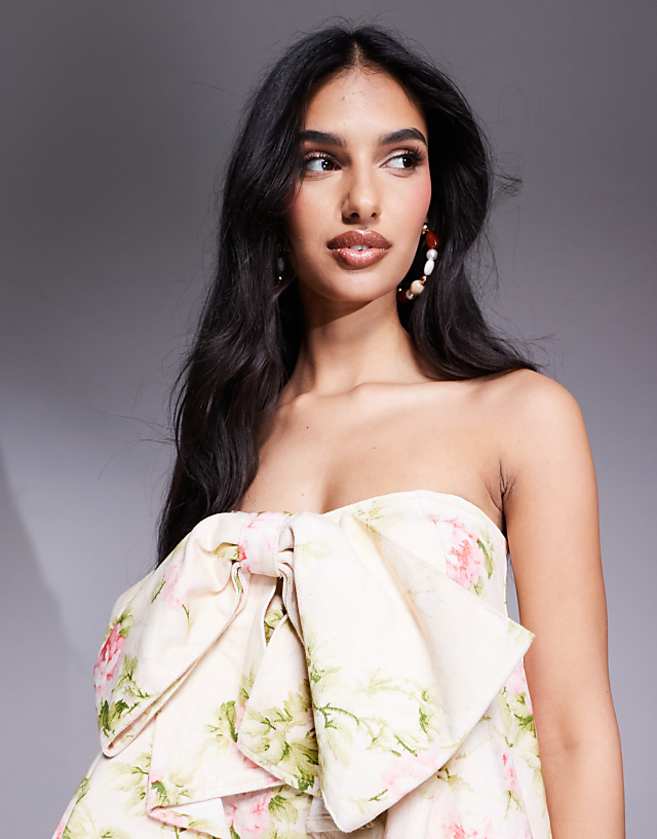 ASOS LUXE Bow Waterfall Hem Denim Dress In Vintage Floral Print