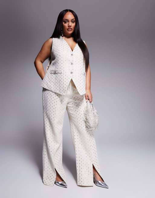 ASOS LUXE Curve Embellished Boucle Waist Coat With Bow Back And Embellished Boucle Trouser Co-ord In Cream