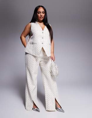 ASOS LUXE Curve Embellished Boucle Waist Coat With Bow Back And Embellished Boucle Trouser Co-ord In Cream