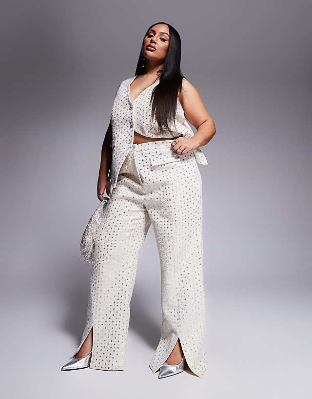 ASOS LUXE Curve Embellished Boucle Waist Coat With Bow Back And Embellished Boucle Trouser Co-ord In Cream