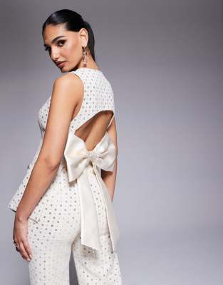 ASOS LUXE Embellished Boucle Waist Coat With Bow Back And Embellished Boucle Trouser Co-ord In Cream