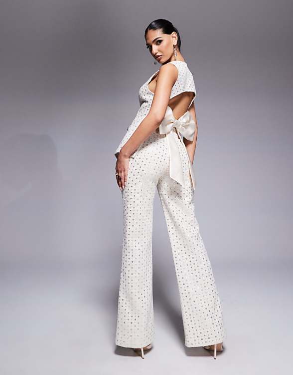 ASOS LUXE embellished boucle waist coat with bow back and embellished boucle trouser co-ord in cream