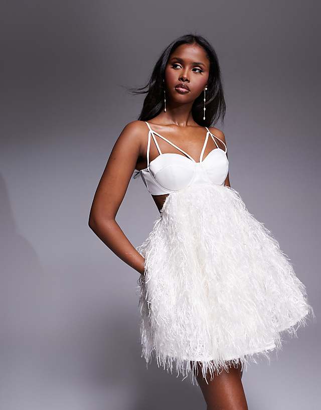 ASOS LUXE Faux Feather Cupped Skater Dress In Cream