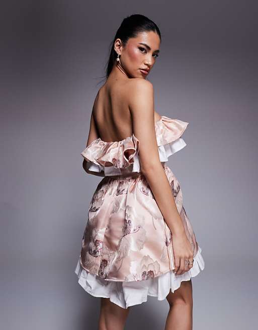 ASOS LUXE Jacquard Bandeau Skater Mini Dress With Pleated Poplin In Floral Print