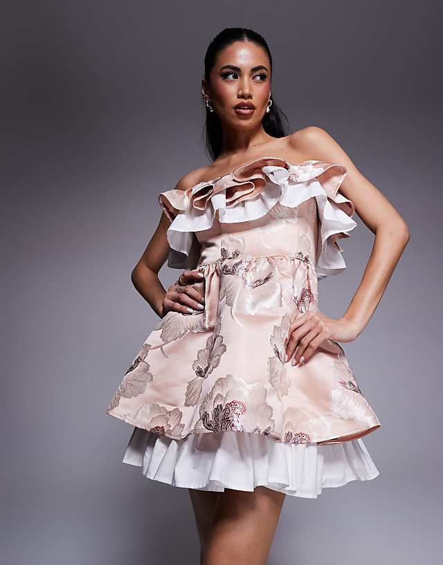 ASOS LUXE Jacquard Bandeau Skater Mini Dress With Pleated Poplin In Floral Print