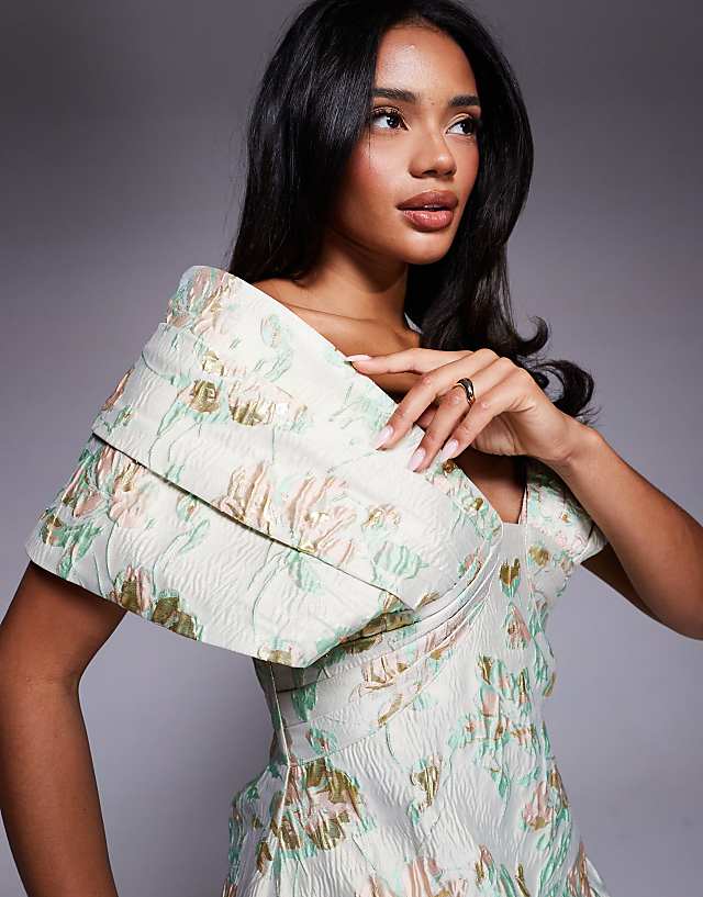 ASOS LUXE Jacquard Off Shoulder Mini Dress With Bubble Hem In Pistachio Floral
