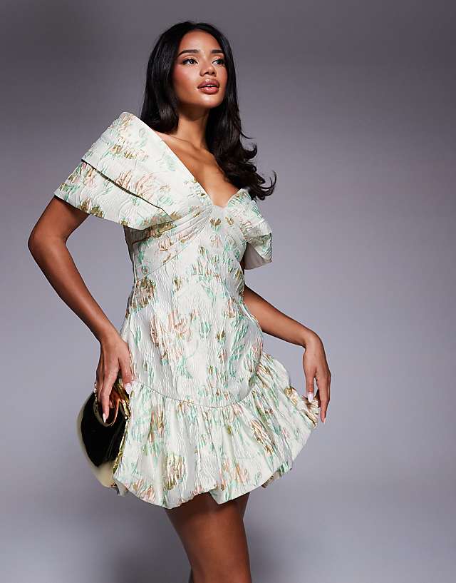 ASOS LUXE Jacquard Off Shoulder Mini Dress With Bubble Hem In Pistachio Floral