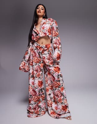 ASOS LUXE Linen Look Cropped Tailored Blazer And Linen Look Tailored Wide Leg Trouser Co-ord In Tapestry Floral