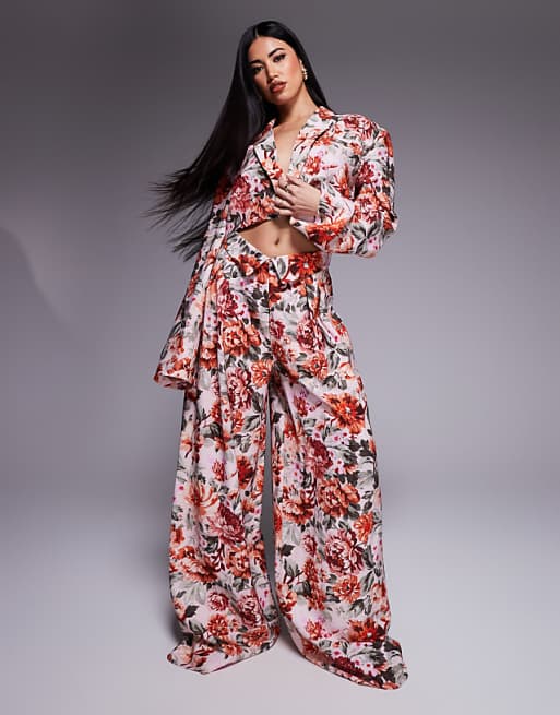 ASOS LUXE linen look cropped tailored blazer and linen look tailored wide leg trouser co-ord in tapestry floral