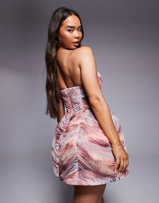ASOS LUXE Printed Caged Ruched Mini Dress In Floral Print