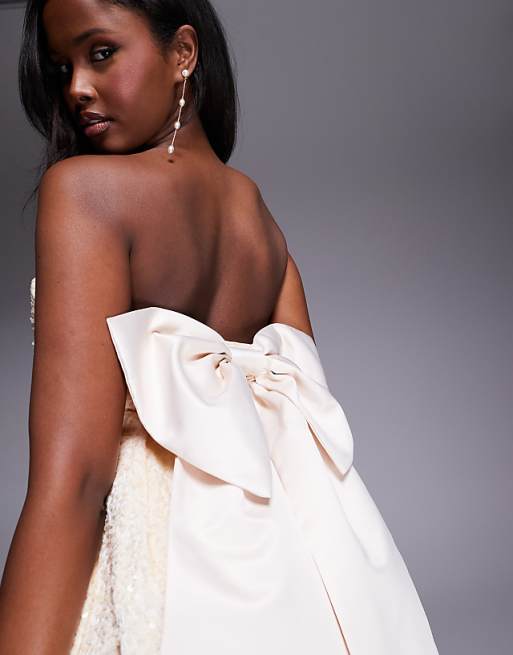 ASOS LUXE Sequin Structured Mini Dress With Satin Bow In Cream
