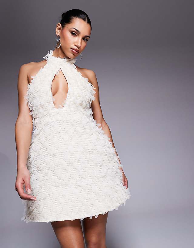 ASOS LUXE Textured Halter Mini Dress With Bow Back In Cream