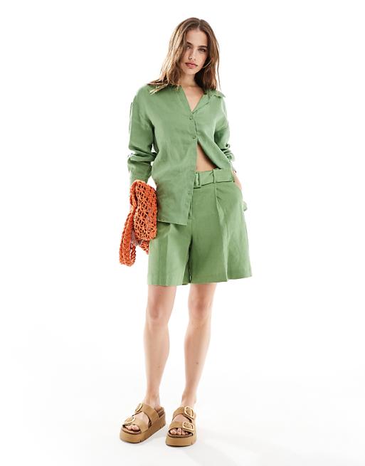 Mango Linen Co-ord Shorts In Light Green