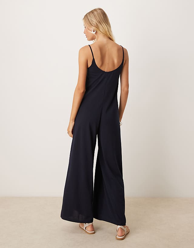 Mango Linen Mix Strappy Jumpsuit In Navy