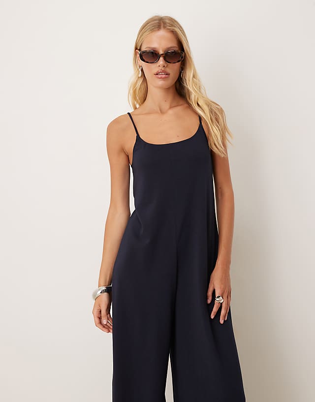 Mango Linen Mix Strappy Jumpsuit In Navy