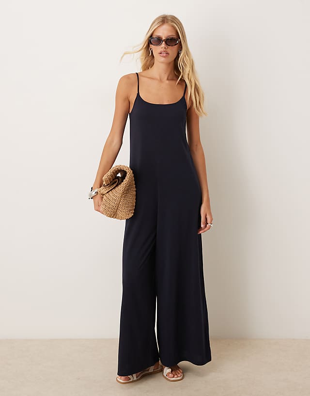 Mango Linen Mix Strappy Jumpsuit In Navy