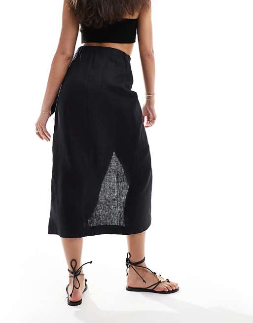 Mango Wrap Front Linen Skirt In Black