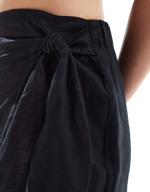 Mango Wrap Front Linen Skirt In Black