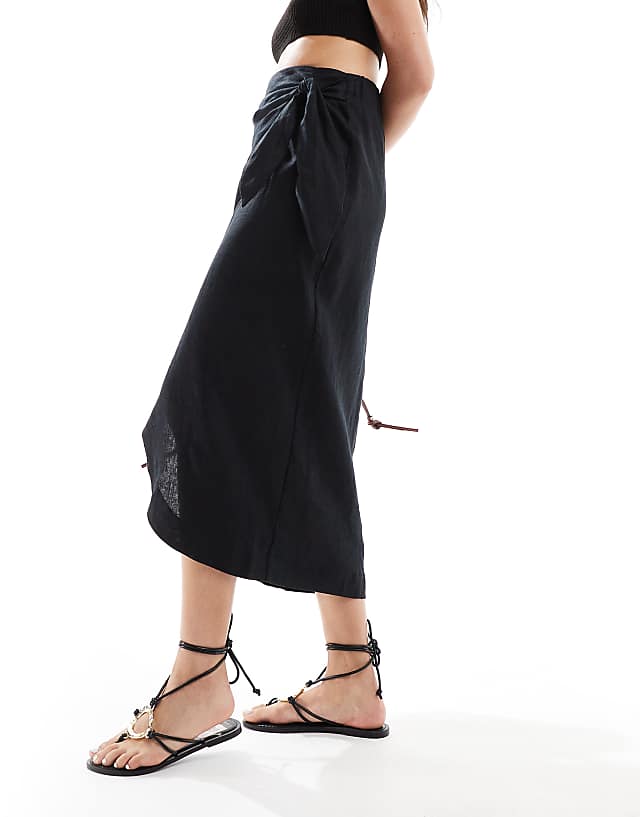 Mango Wrap Front Linen Skirt In Black