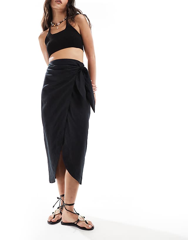 Mango Wrap Front Linen Skirt In Black