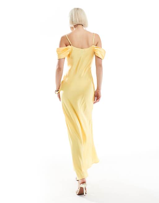 New Look Bardot Satin Midaxi Dress In Yellow