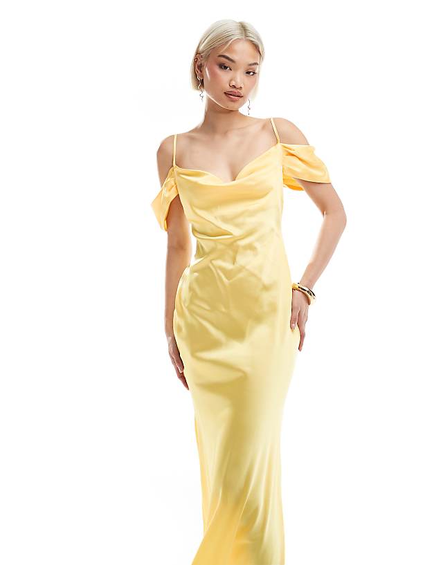 New Look Bardot Satin Midaxi Dress In Yellow