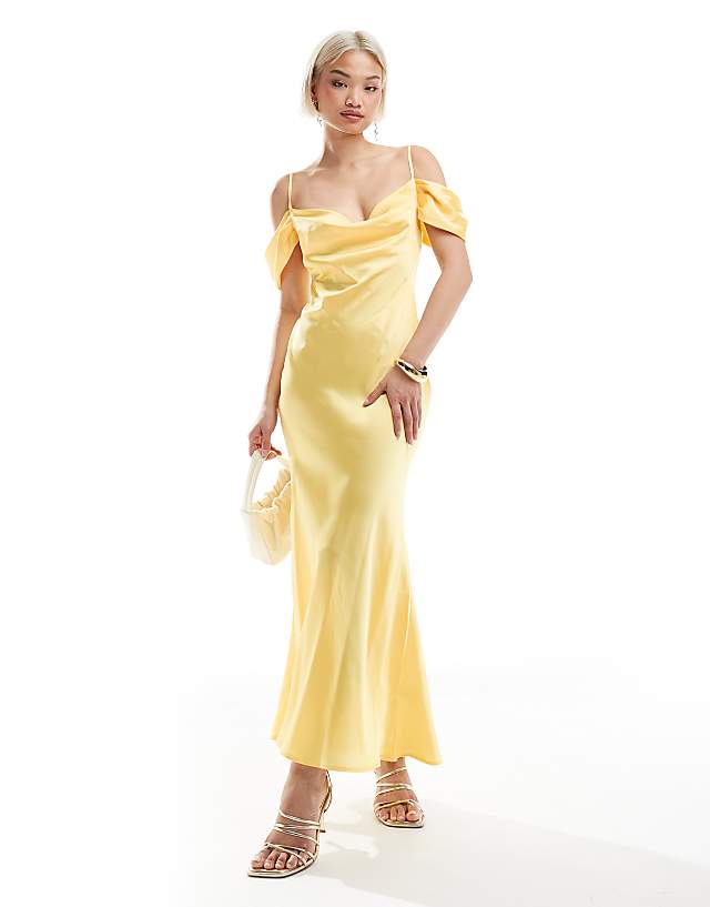 New Look bardot satin midaxi dress in yellow