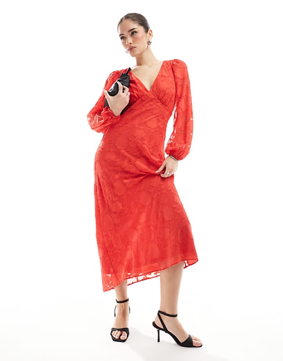 New Look devore long sleeve midi dress in red