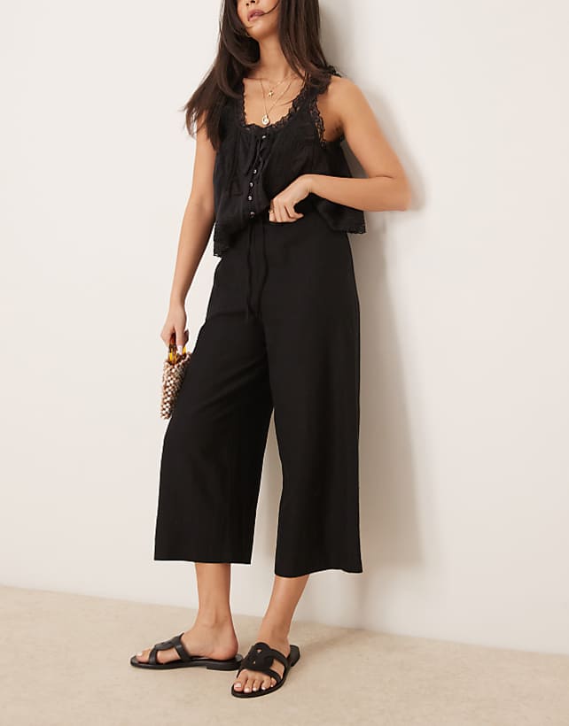 New Look Linen Cropped Trousers In Black