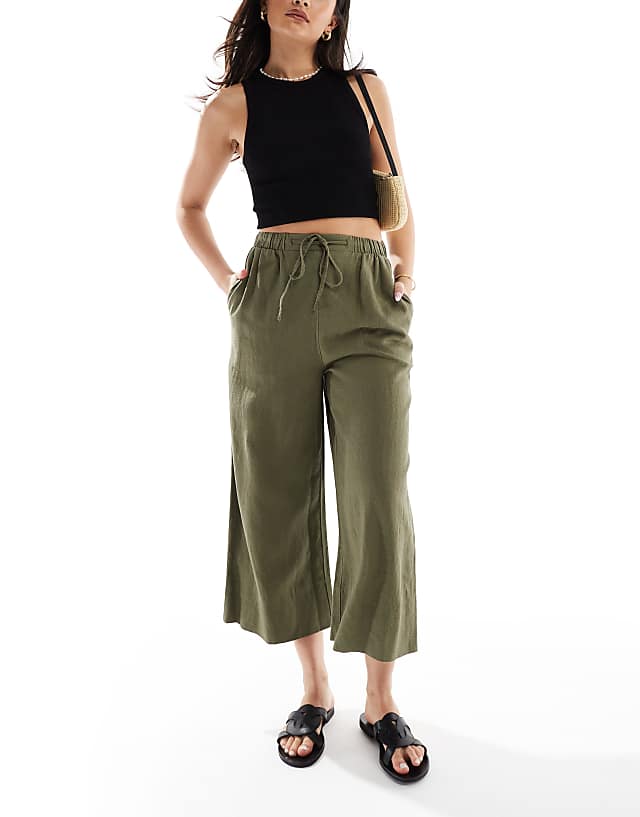 New Look Linen Cropped Trousers In Khaki