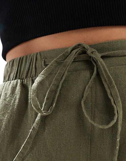 New Look Linen Cropped Trousers In Khaki