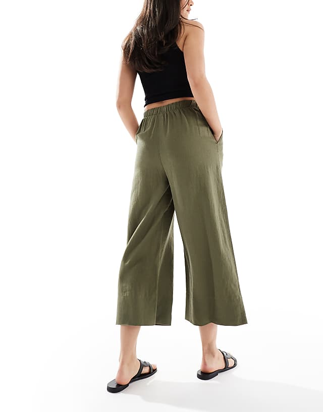 New Look Linen Cropped Trousers In Khaki