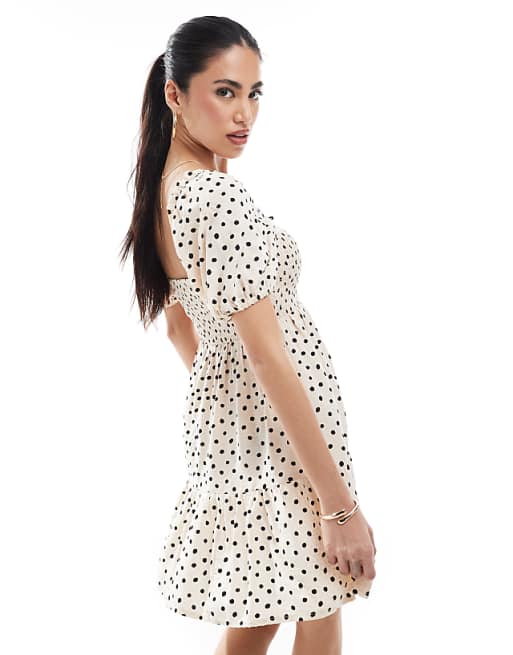 New Look Spot Milkmaid Mini Dress In Cream