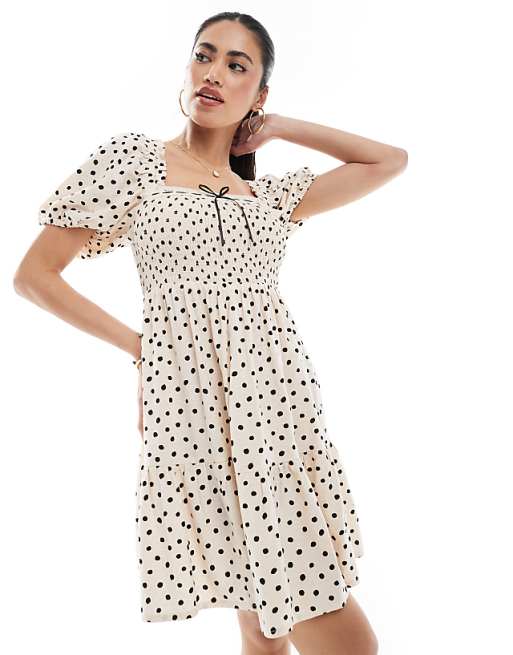 New Look Spot Milkmaid Mini Dress In Cream