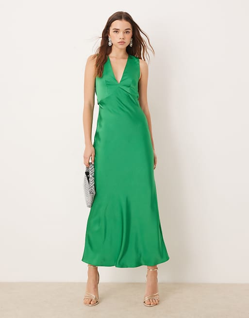 OMNES Nova Satin Tie Back Dress in Green