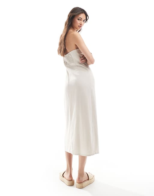 ONLY Linen Mix Bandeau Midi Dress In Stone