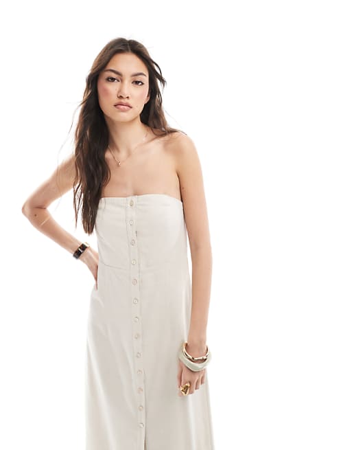 ONLY Linen Mix Bandeau Midi Dress In Stone