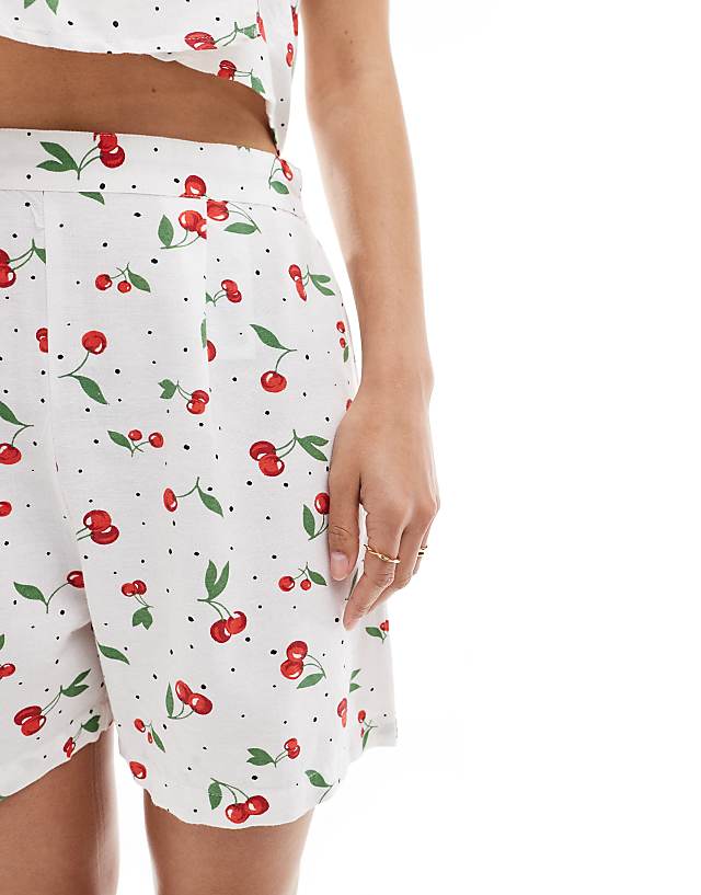 ONLY Linen Mix Short Co-ord In Cherry Print