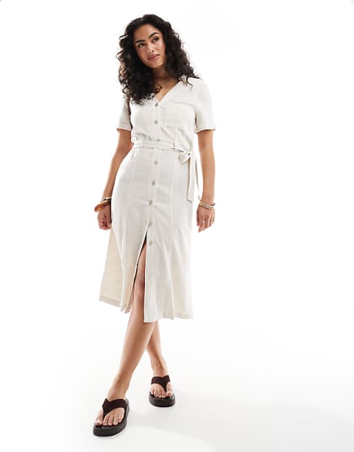 ONLY Linen Mix Tie Waist Shirt Dress In Cream