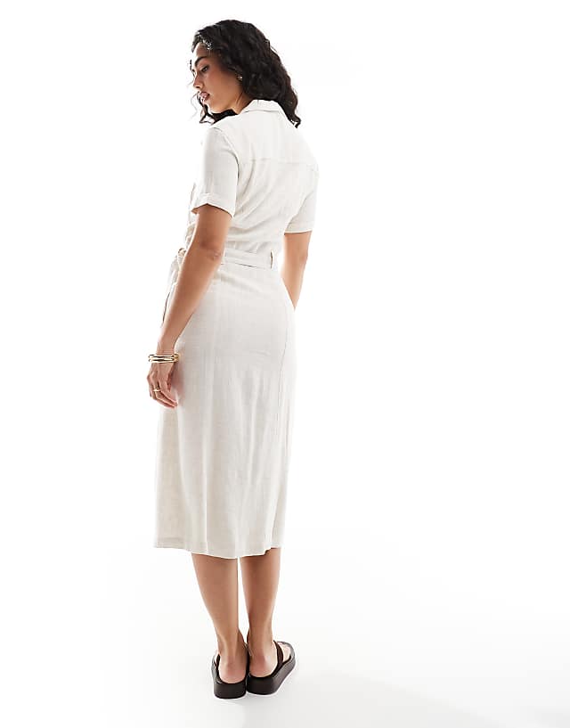 ONLY Linen Mix Tie Waist Shirt Dress In Cream
