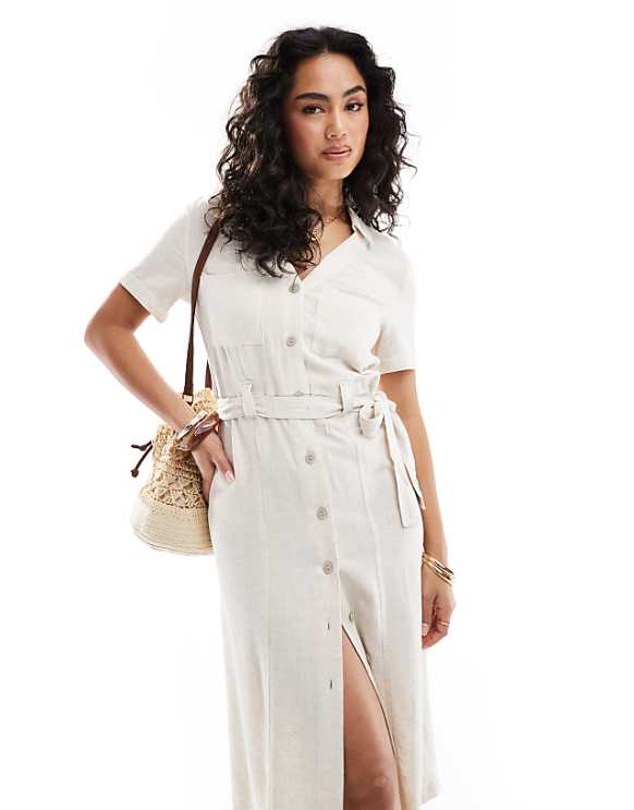 ONLY Linen Mix Tie Waist Shirt Dress In Cream