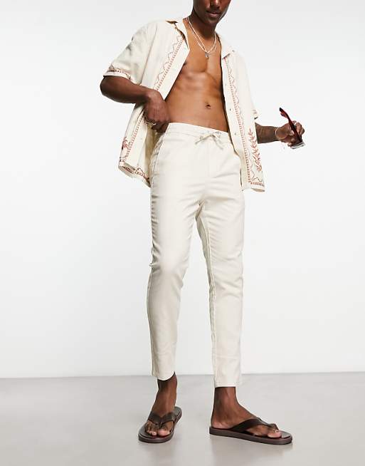 ONLY & SONS Linen Mix Cropped Trouser In Beige