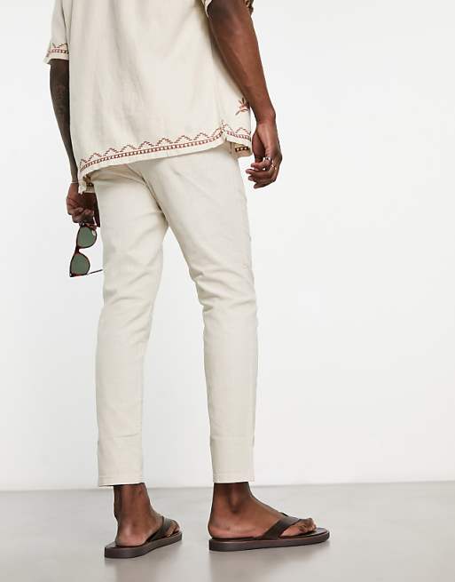 ONLY & SONS Linen Mix Cropped Trouser In Beige