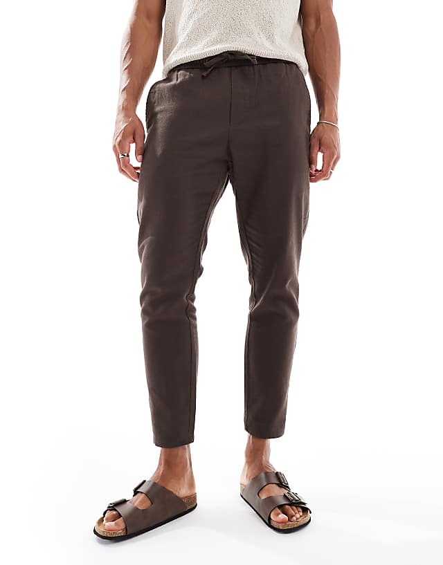 ONLY & SONS Linen Mix Cropped Trouser In Brown