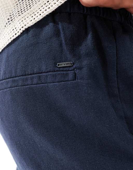 ONLY & SONS Linen Mix Cropped Trouser In Navy