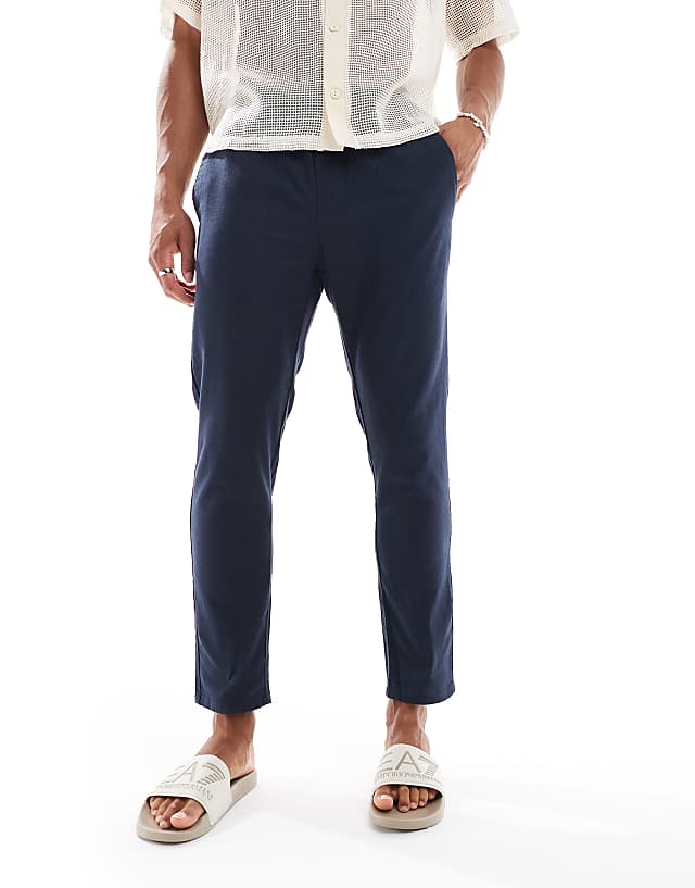 ONLY & SONS Linen Mix Cropped Trouser In Navy