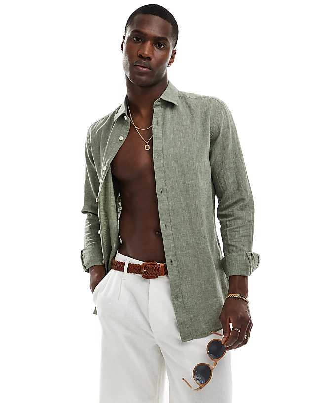 ONLY & SONS Linen Mix Long Sleeve Shirt In Sage