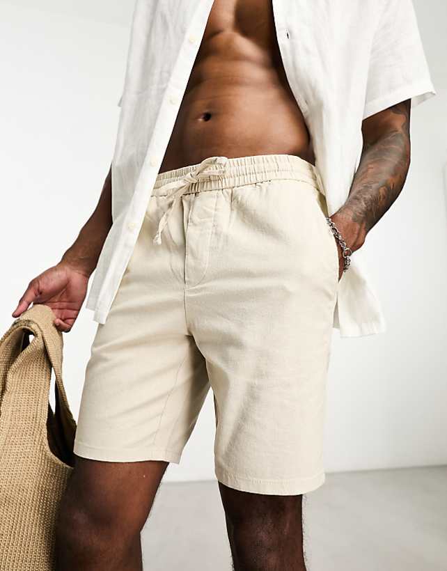 ONLY & SONS Linen Mix Tie Waist Shorts In Beige